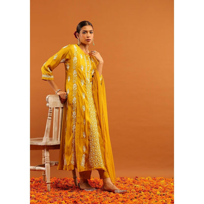 House of Chikankari Yellow Chanderi Chikankari Women's Anarkali with Pant and Dupatta