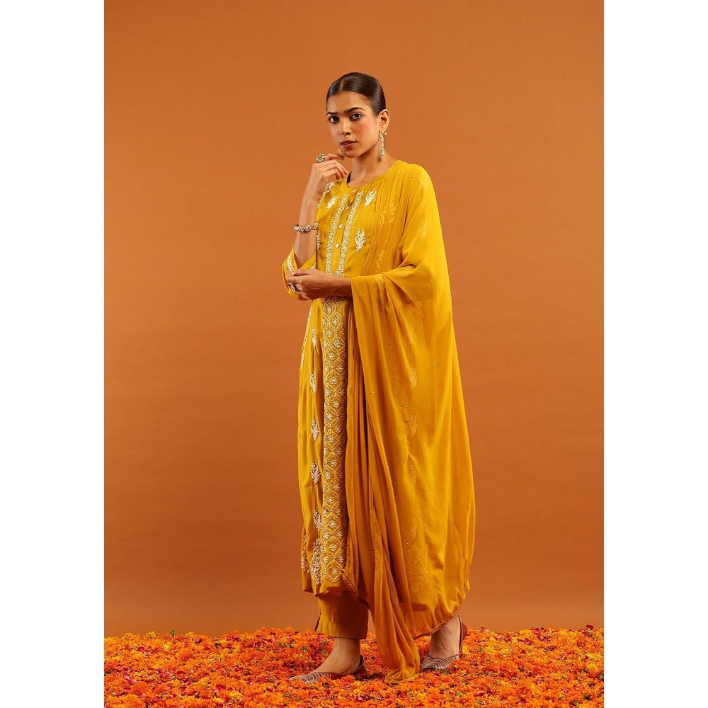 House of Chikankari Yellow Chanderi Chikankari Women's Anarkali with Pant and Dupatta