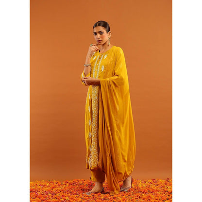 House of Chikankari Yellow Chanderi Chikankari Women's Anarkali with Pant and Dupatta
