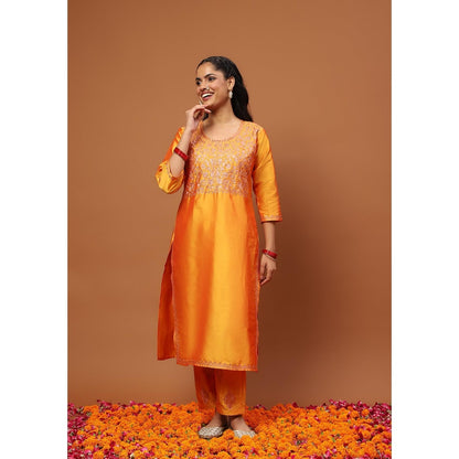 House of Chikankari Mustard Art Silk Embroidered Zari Work Women's Kurta with Pant
