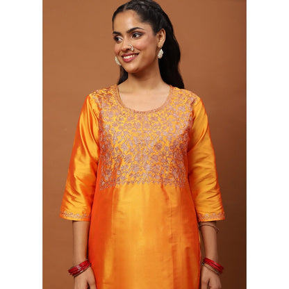 House of Chikankari Mustard Art Silk Embroidered Zari Work Women's Kurta with Pant