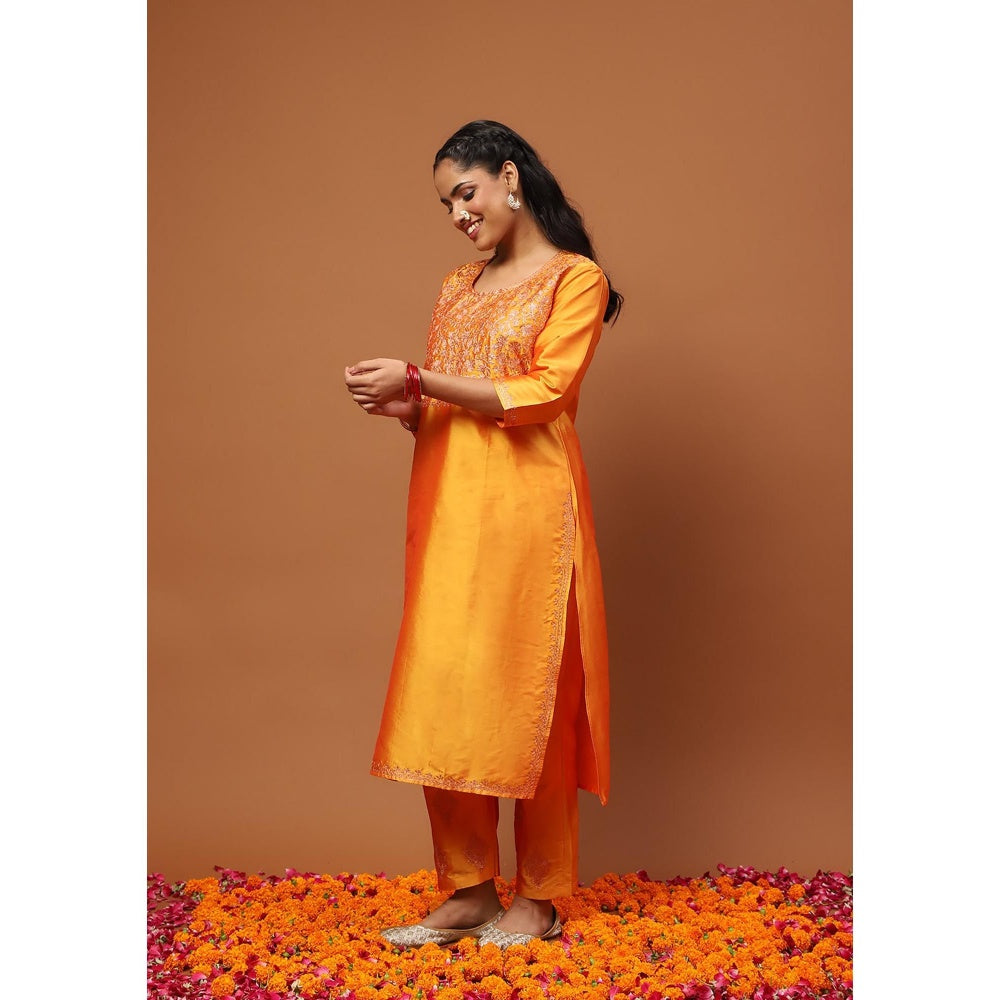 House of Chikankari Mustard Art Silk Embroidered Zari Work Women's Kurta with Pant