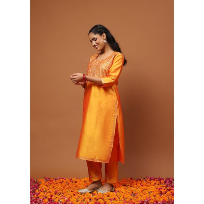 House of Chikankari Mustard Art Silk Embroidered Zari Work Women's Kurta with Pant