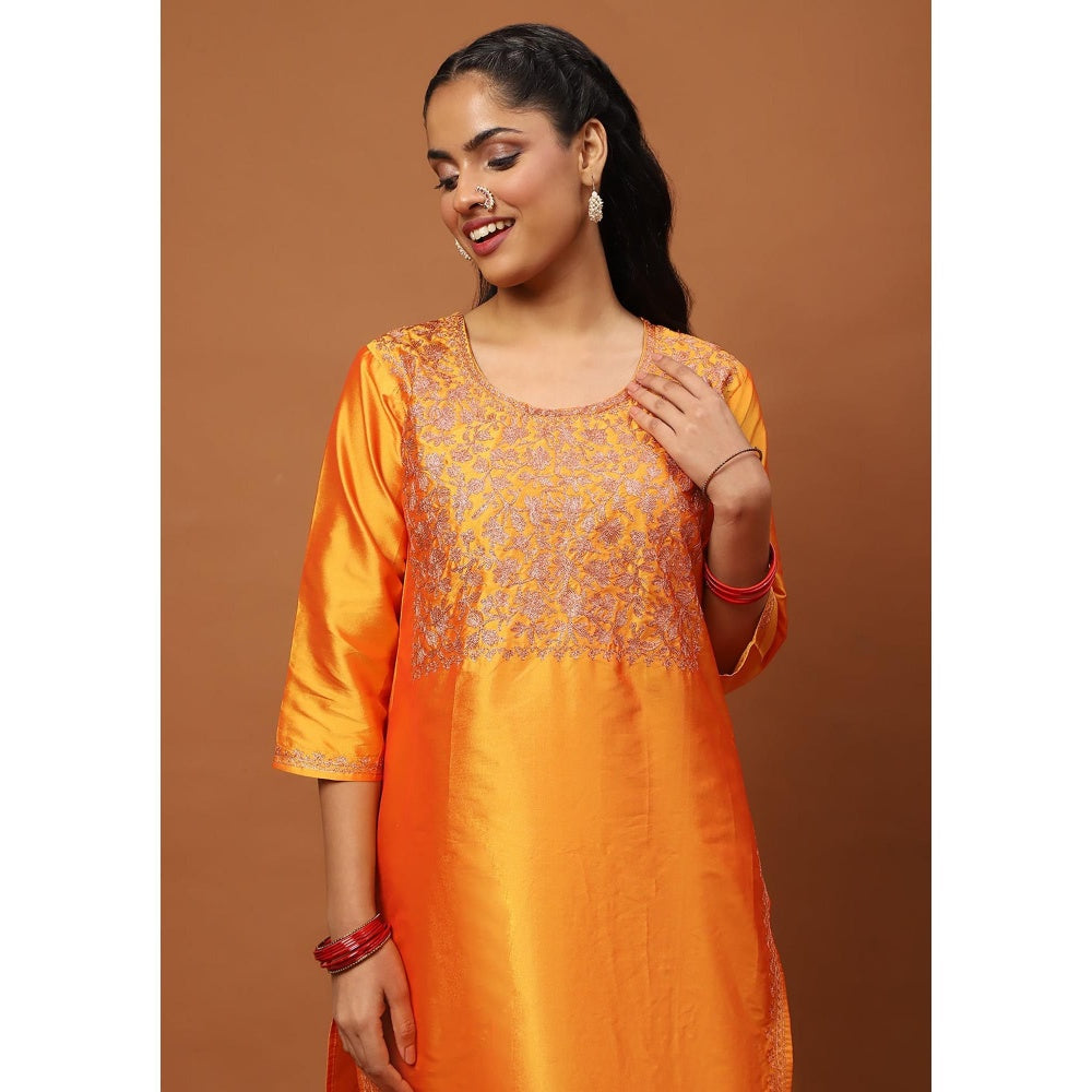 House of Chikankari Mustard Art Silk Embroidered Zari Work Women's Kurta with Pant