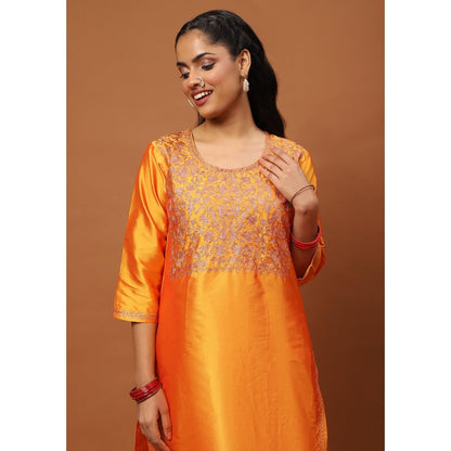 House of Chikankari Mustard Art Silk Embroidered Zari Work Women's Kurta with Pant