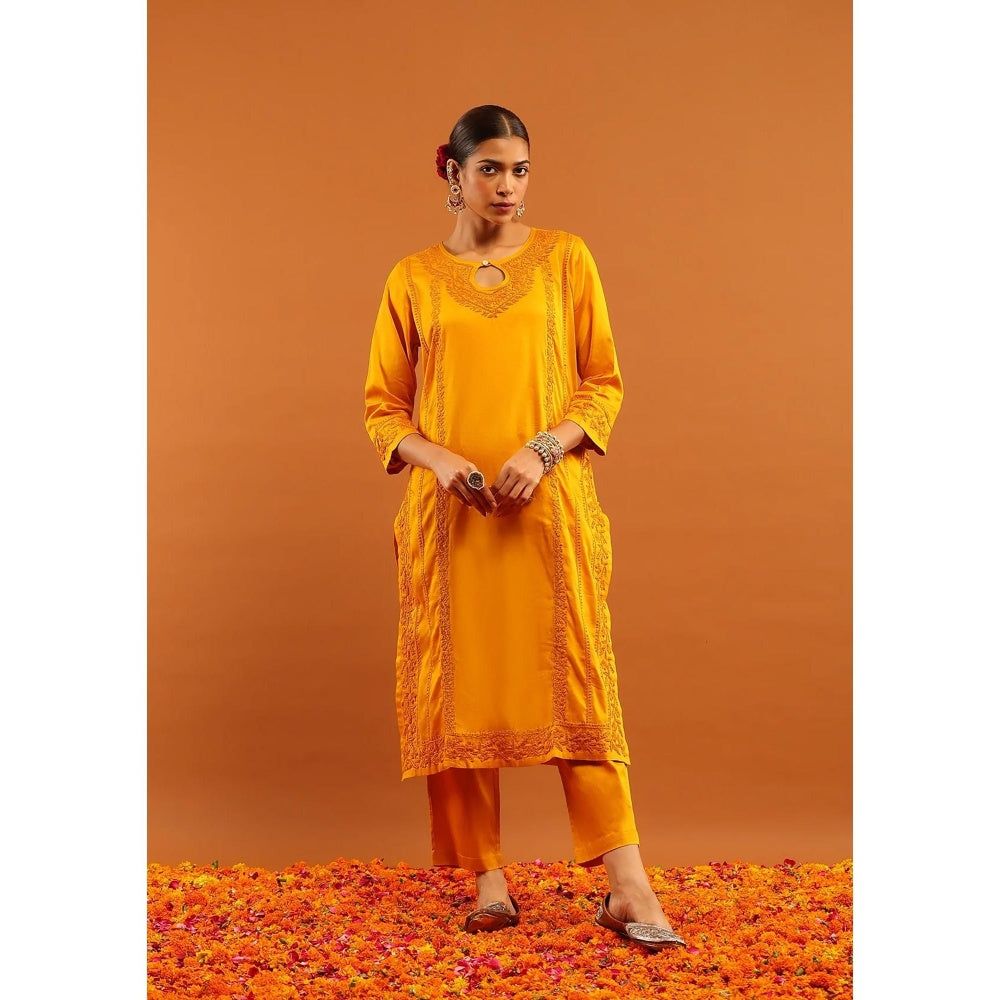 House of Chikankari Mustard Jaam Silk Chikankari Women's Long Kurta with Pant