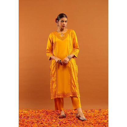 House of Chikankari Mustard Jaam Silk Chikankari Women's Long Kurta with Pant