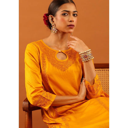 House of Chikankari Mustard Jaam Silk Chikankari Women's Long Kurta with Pant