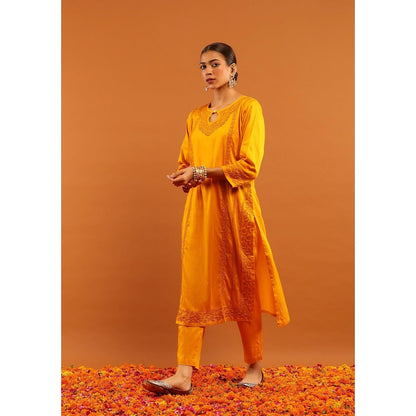 House of Chikankari Mustard Jaam Silk Chikankari Women's Long Kurta with Pant