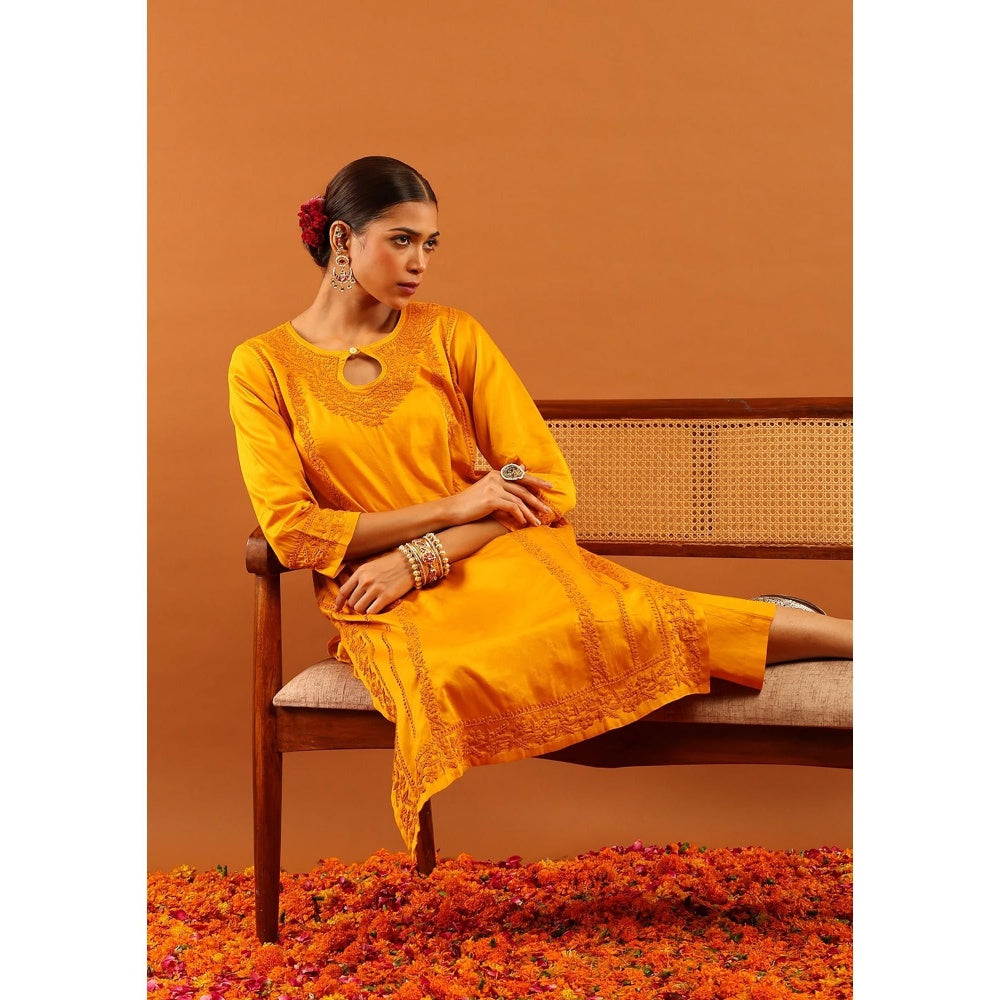 House of Chikankari Mustard Jaam Silk Chikankari Women's Long Kurta with Pant
