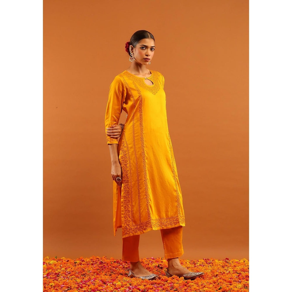 House of Chikankari Mustard Jaam Silk Chikankari Women's Long Kurta with Pant
