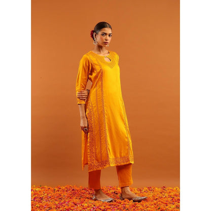 House of Chikankari Mustard Jaam Silk Chikankari Women's Long Kurta with Pant