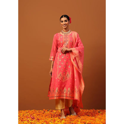 House of Chikankari Pink Hoc Banarasi Chanderi Hand Woven Women's Kurta with Pant and Dupatta