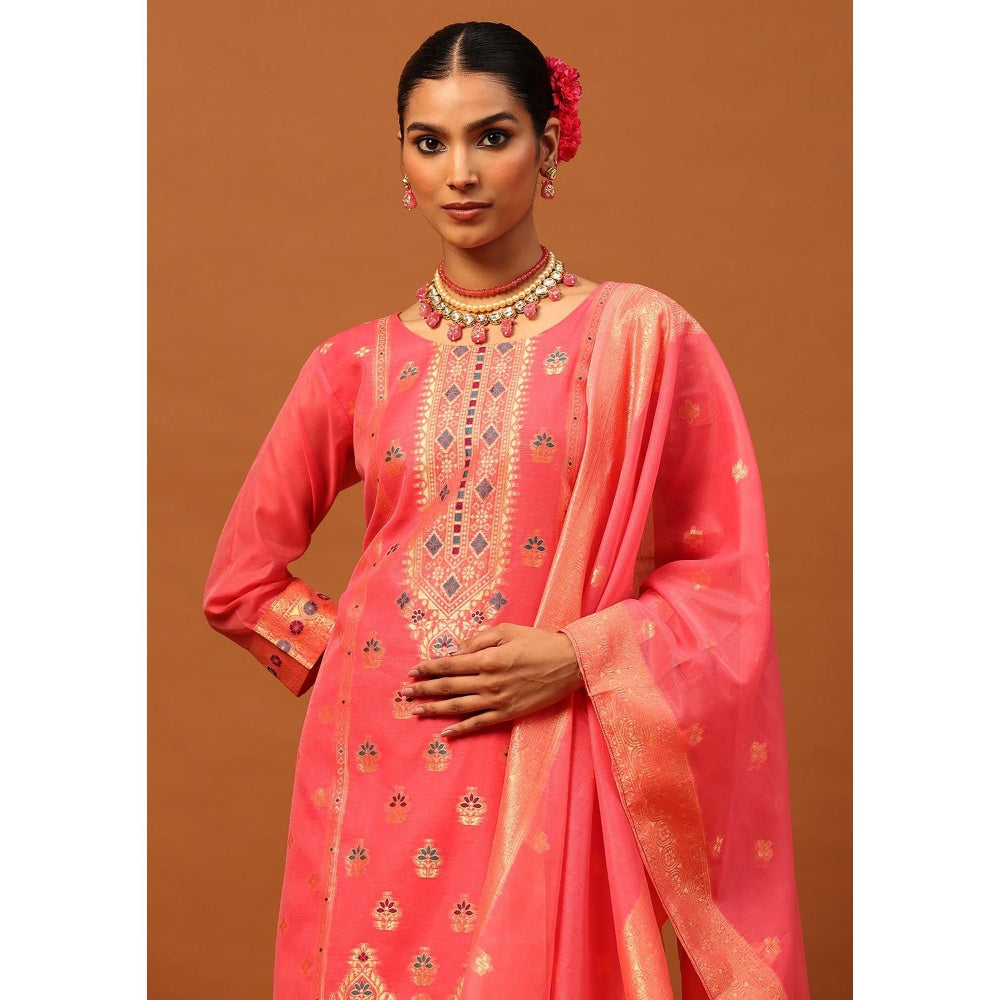 House of Chikankari Pink Hoc Banarasi Chanderi Hand Woven Women's Kurta with Pant and Dupatta