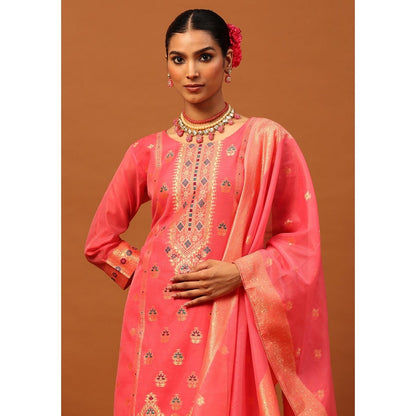 House of Chikankari Pink Hoc Banarasi Chanderi Hand Woven Women's Kurta with Pant and Dupatta