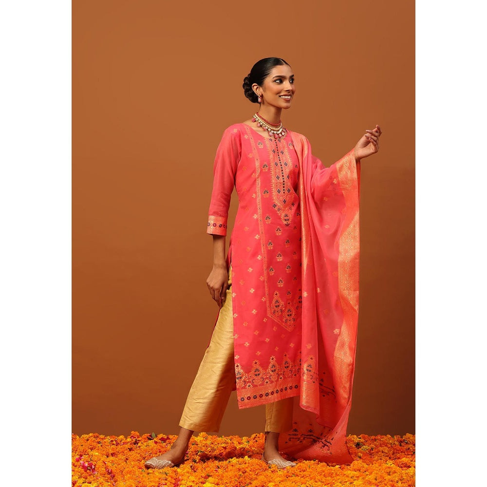 House of Chikankari Pink Hoc Banarasi Chanderi Hand Woven Women's Kurta with Pant and Dupatta