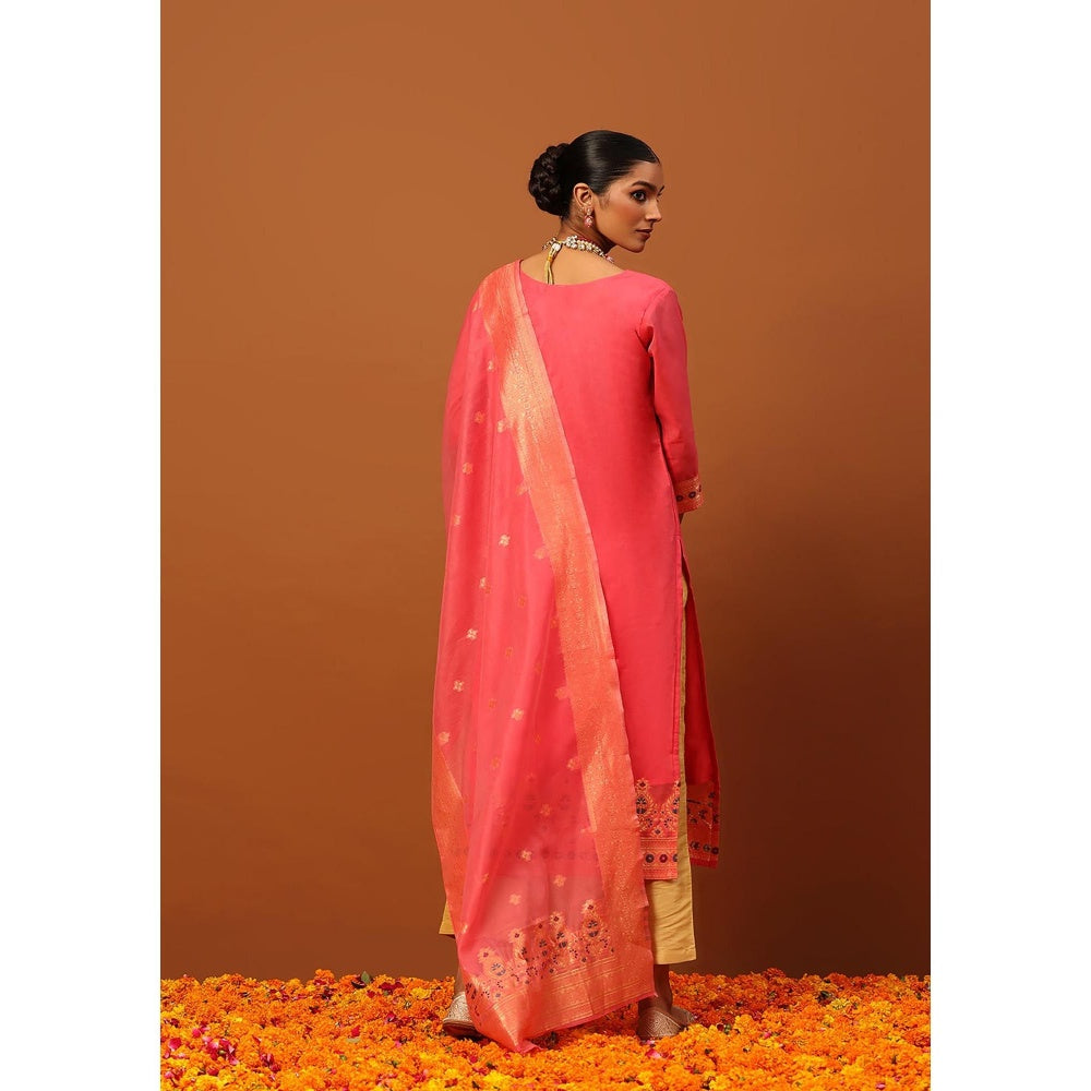 House of Chikankari Pink Hoc Banarasi Chanderi Hand Woven Women's Kurta with Pant and Dupatta