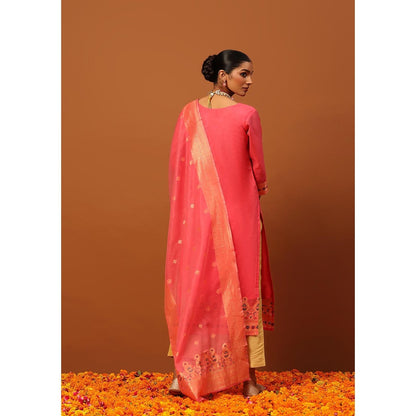 House of Chikankari Pink Hoc Banarasi Chanderi Hand Woven Women's Kurta with Pant and Dupatta