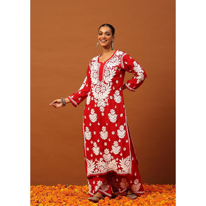 House of Chikankari Red Modal Chikankari Women's Long Kurta with Palazzo