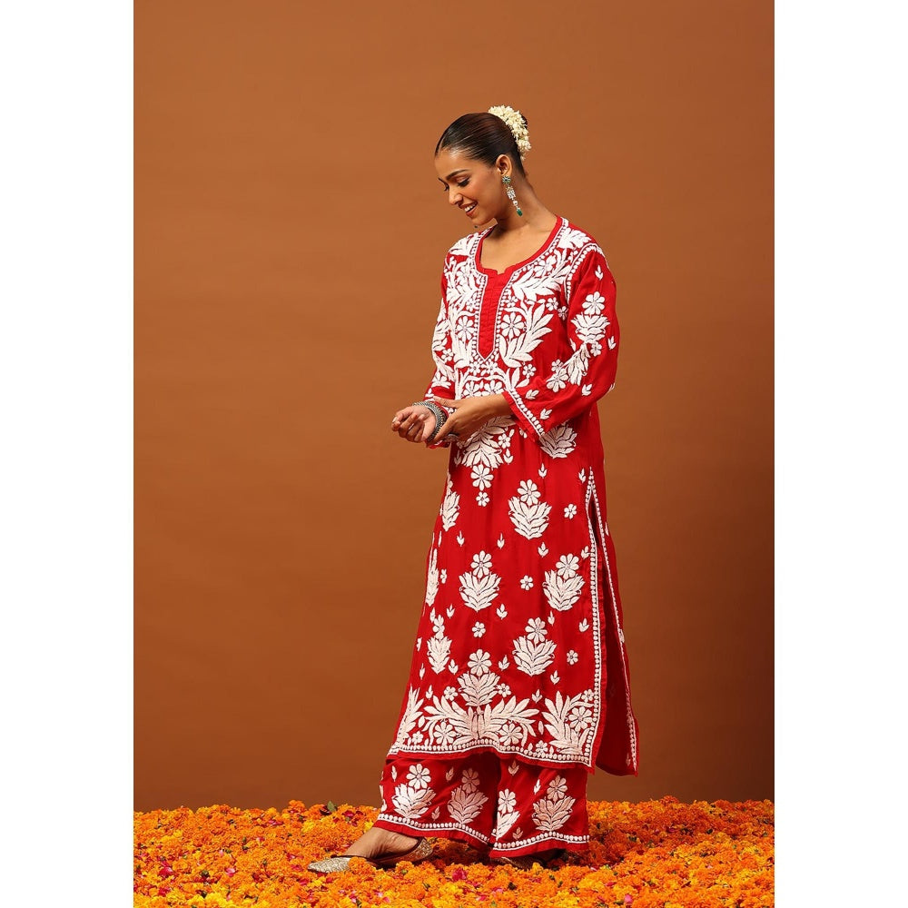 House of Chikankari Red Modal Chikankari Women's Long Kurta with Palazzo