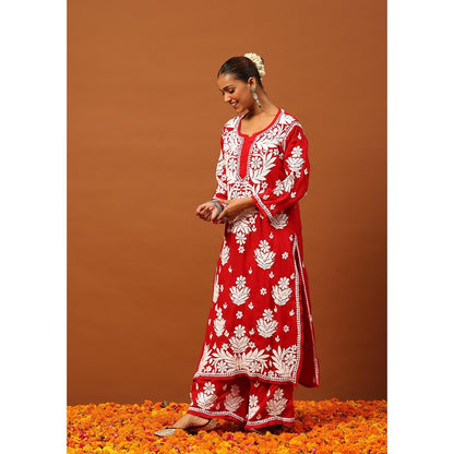 House of Chikankari Red Modal Chikankari Women's Long Kurta with Palazzo
