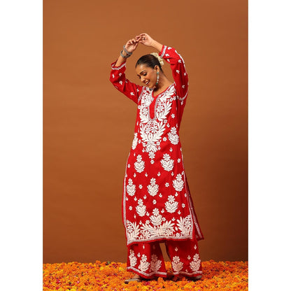 House of Chikankari Red Modal Chikankari Women's Long Kurta with Palazzo