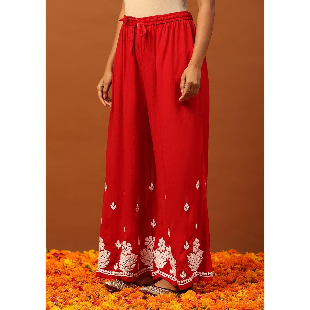 House of Chikankari Red Modal Chikankari Women's Long Kurta with Palazzo