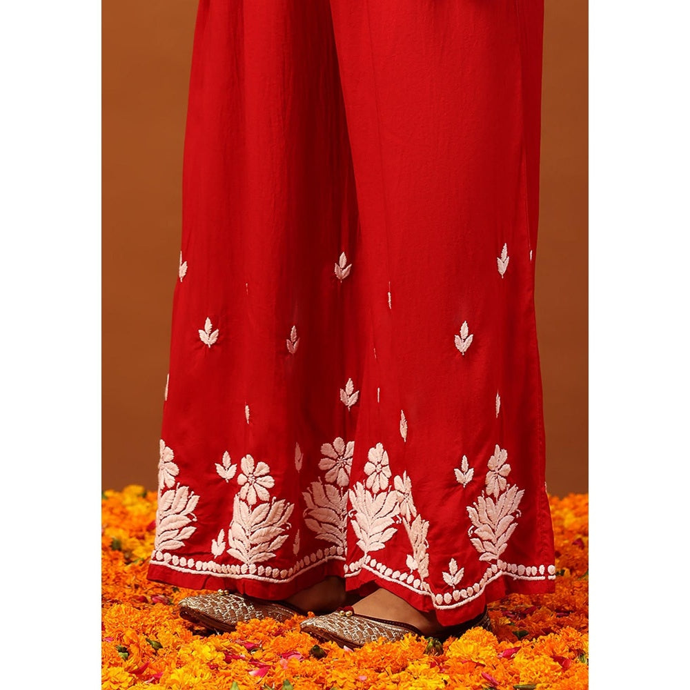House of Chikankari Red Modal Chikankari Women's Long Kurta with Palazzo