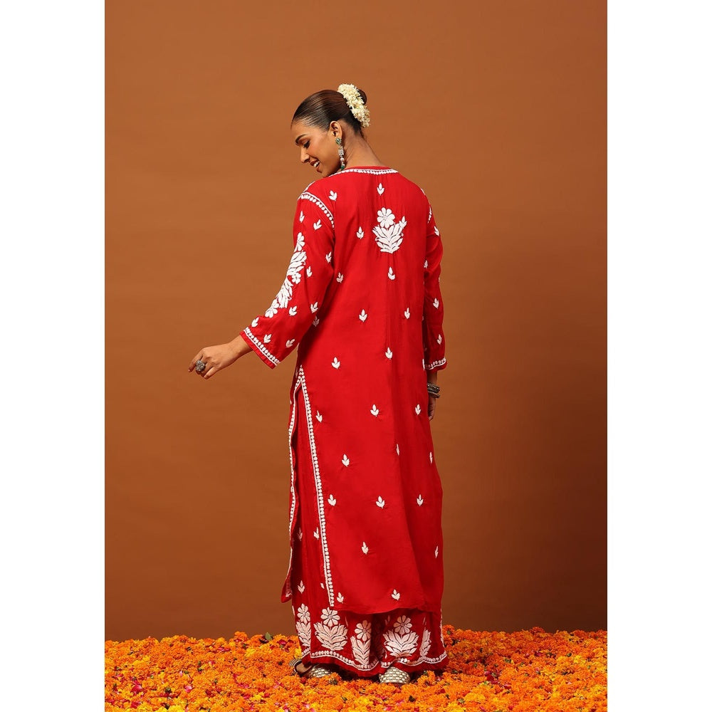 House of Chikankari Red Modal Chikankari Women's Long Kurta with Palazzo