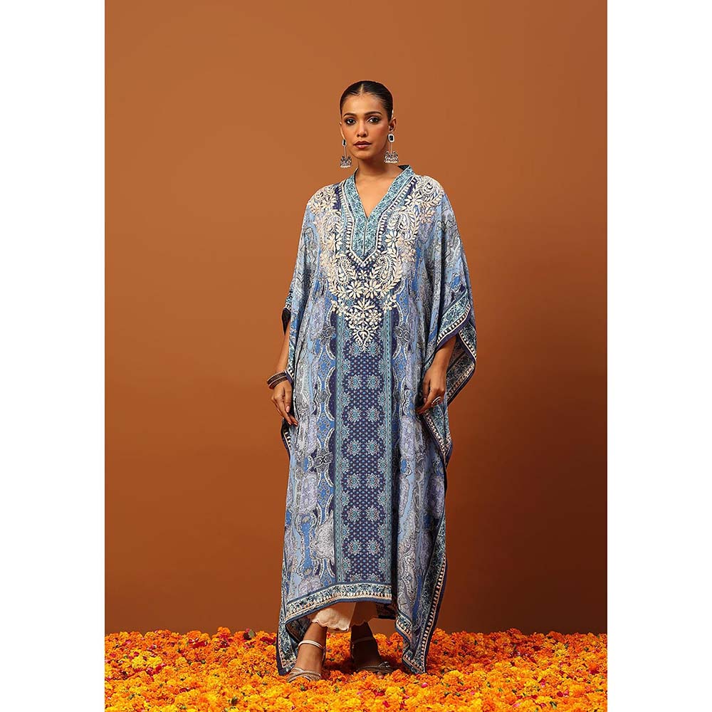 House of Chikankari Crepe Chikankari Printed Women's Kaftan -Blue