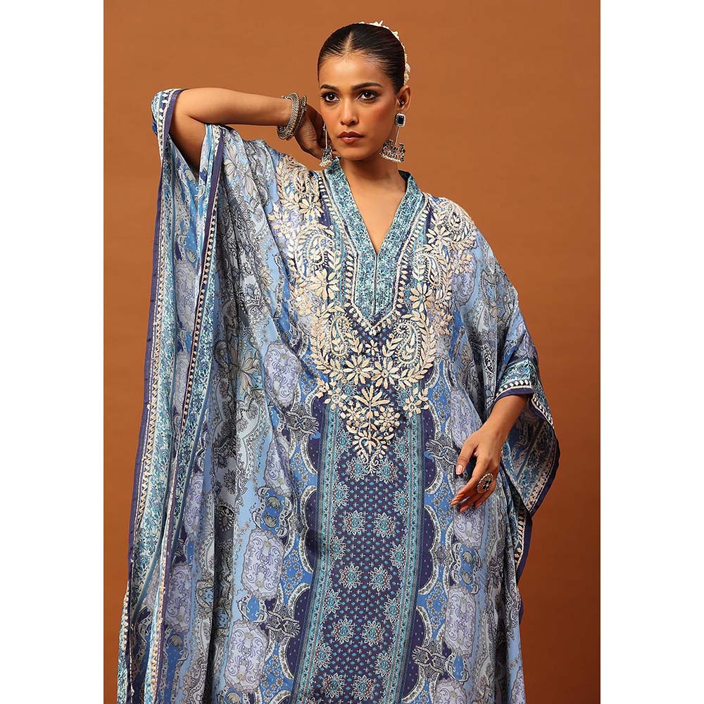 House of Chikankari Crepe Chikankari Printed Women's Kaftan -Blue