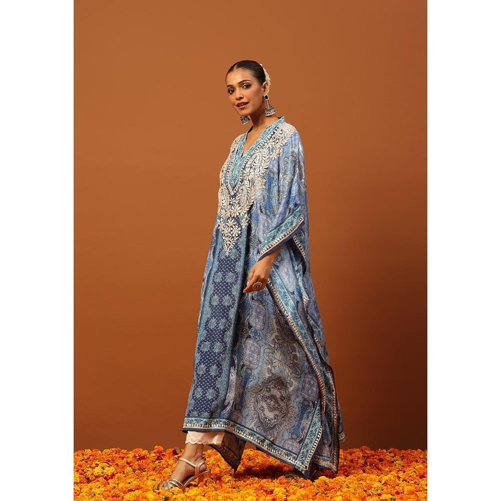House of Chikankari Crepe Chikankari Printed Women's Kaftan -Blue
