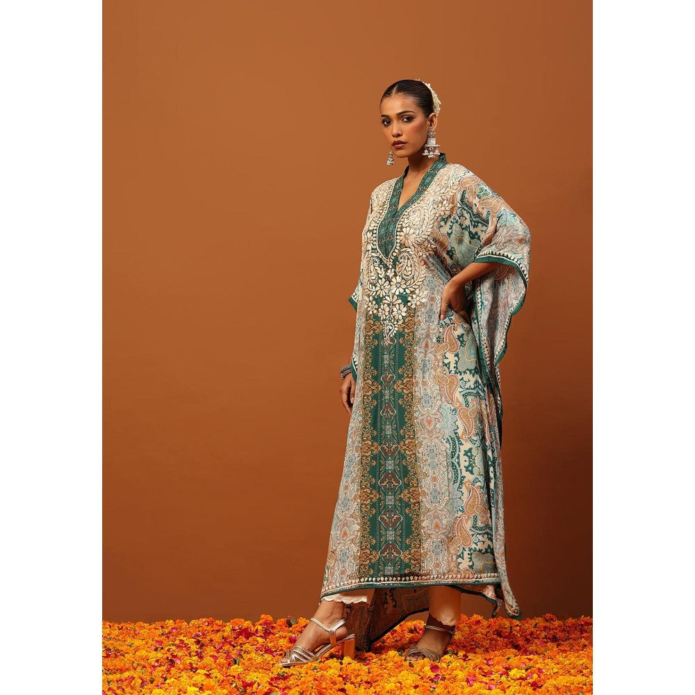 House of Chikankari Crepe Chikankari Printed Women's Kaftan -Green