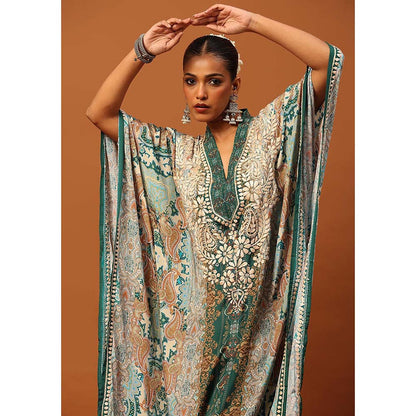 House of Chikankari Crepe Chikankari Printed Women's Kaftan -Green