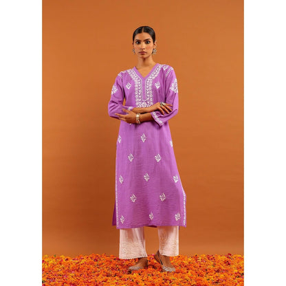 House of Chikankari Chanderi Chikankari With Sequins Solid Women's Long Kurta -Lavender