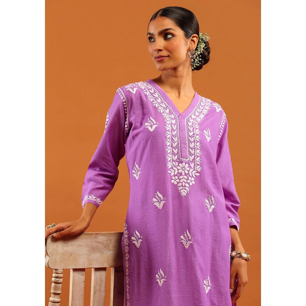 House of Chikankari Chanderi Chikankari With Sequins Solid Women's Long Kurta -Lavender