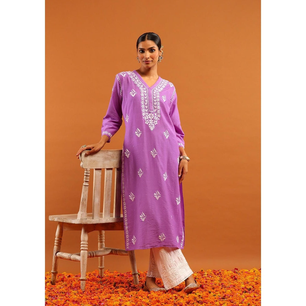 House of Chikankari Chanderi Chikankari With Sequins Solid Women's Long Kurta -Lavender