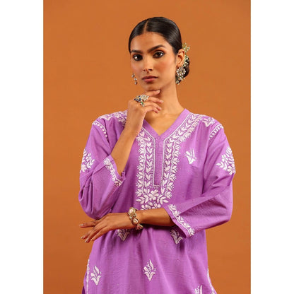 House of Chikankari Chanderi Chikankari With Sequins Solid Women's Long Kurta -Lavender