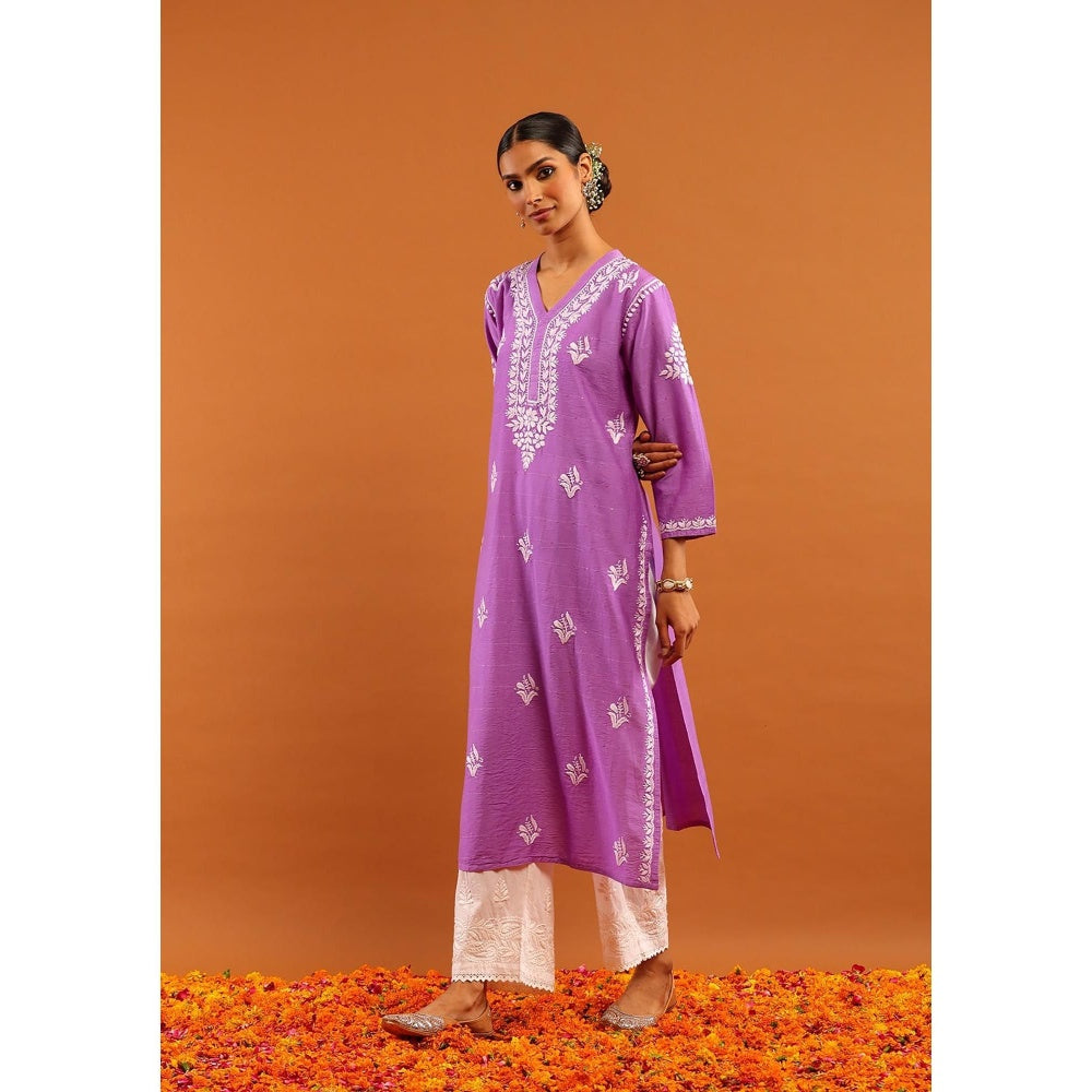 House of Chikankari Chanderi Chikankari With Sequins Solid Women's Long Kurta -Lavender