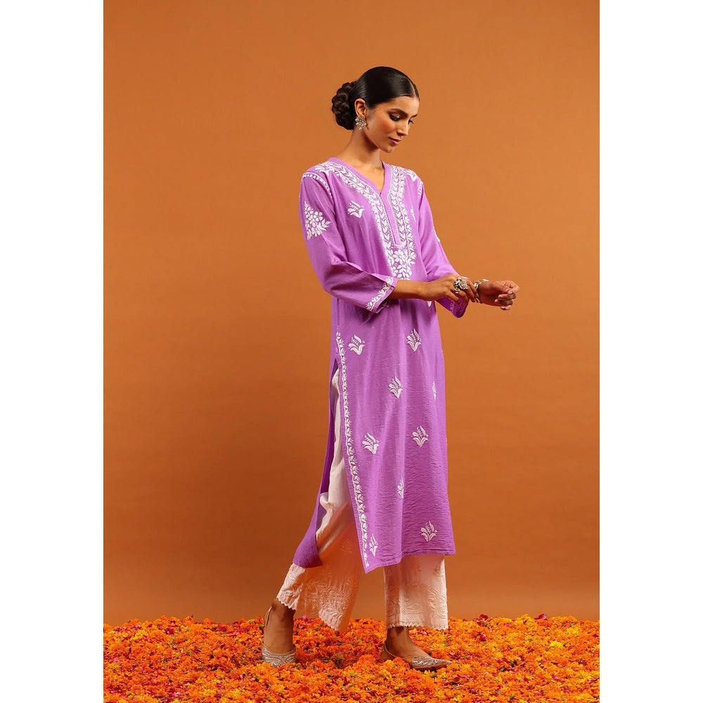 House of Chikankari Chanderi Chikankari With Sequins Solid Women's Long Kurta -Lavender