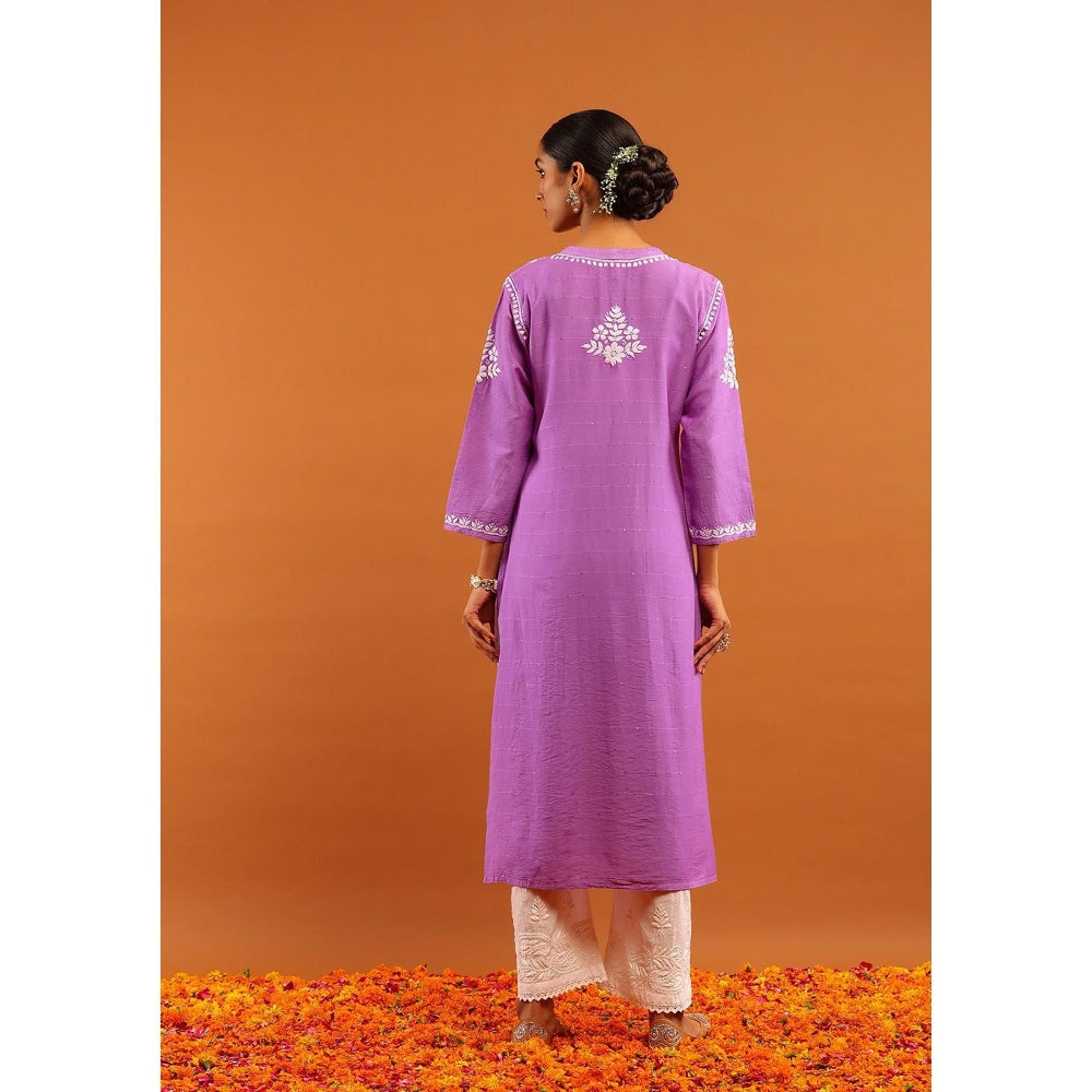 House of Chikankari Chanderi Chikankari With Sequins Solid Women's Long Kurta -Lavender