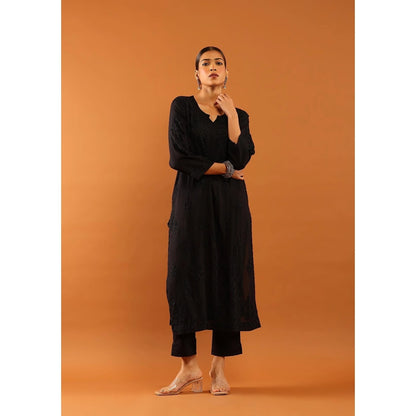 House of Chikankari Fenal Modal Chikankari Solid Womens Straight Kurta with Pockets - Black