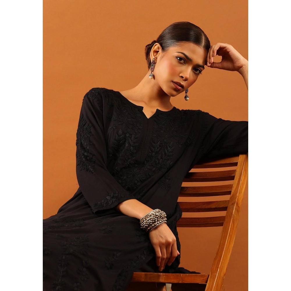 House of Chikankari Fenal Modal Chikankari Solid Womens Straight Kurta with Pockets - Black