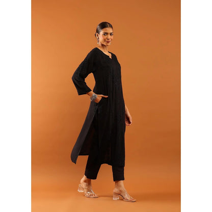 House of Chikankari Fenal Modal Chikankari Solid Womens Straight Kurta with Pockets - Black
