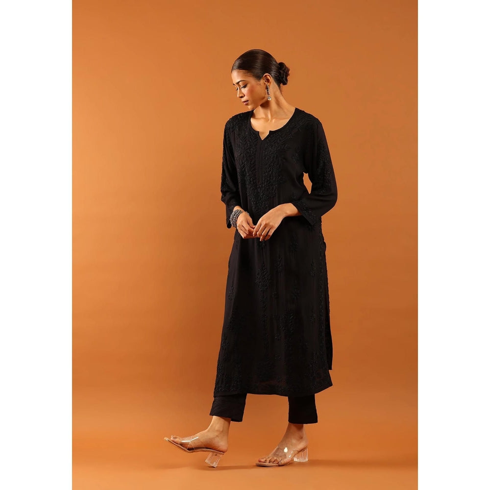House of Chikankari Fenal Modal Chikankari Solid Womens Straight Kurta with Pockets - Black