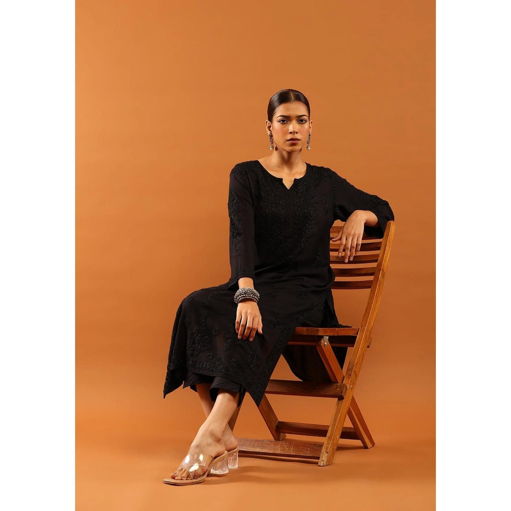 House of Chikankari Fenal Modal Chikankari Solid Womens Straight Kurta with Pockets - Black