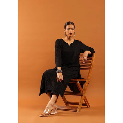 House of Chikankari Fenal Modal Chikankari Solid Womens Straight Kurta with Pockets - Black