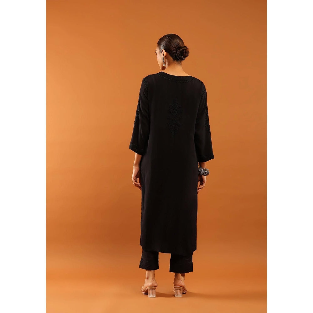 House of Chikankari Fenal Modal Chikankari Solid Womens Straight Kurta with Pockets - Black