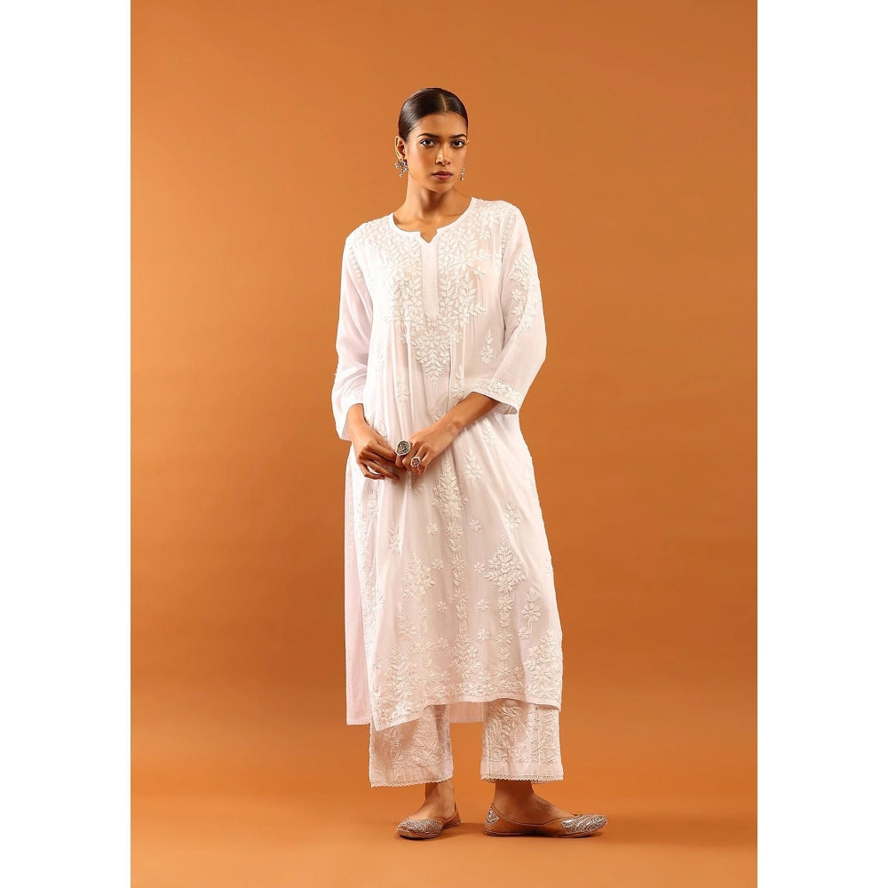 House of Chikankari Fenal Modal Chikankari Solid Womens Straight Kurta with Pockets - White