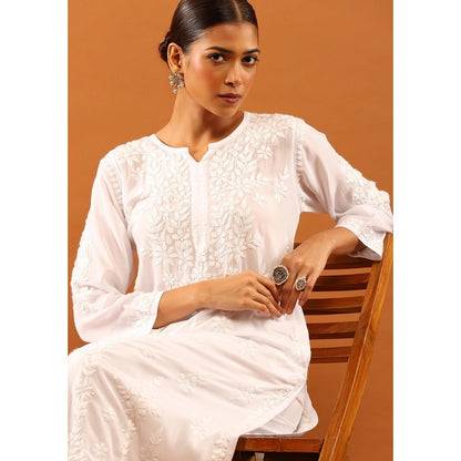 House of Chikankari Fenal Modal Chikankari Solid Womens Straight Kurta with Pockets - White